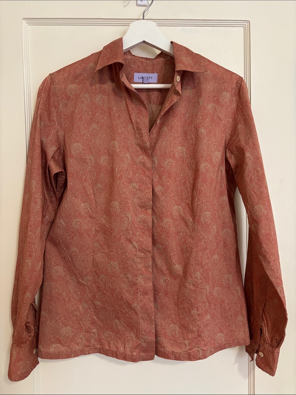 Liberty red and beige peacock feather printed blouse